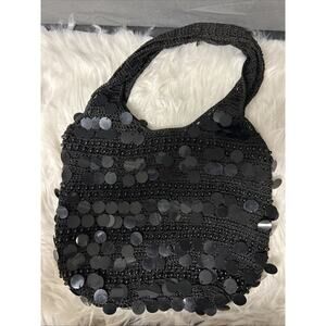 Vintage Y2K Crochet Sequined Purse Boho Hippie Shoulder Bag Black Beaded Purse